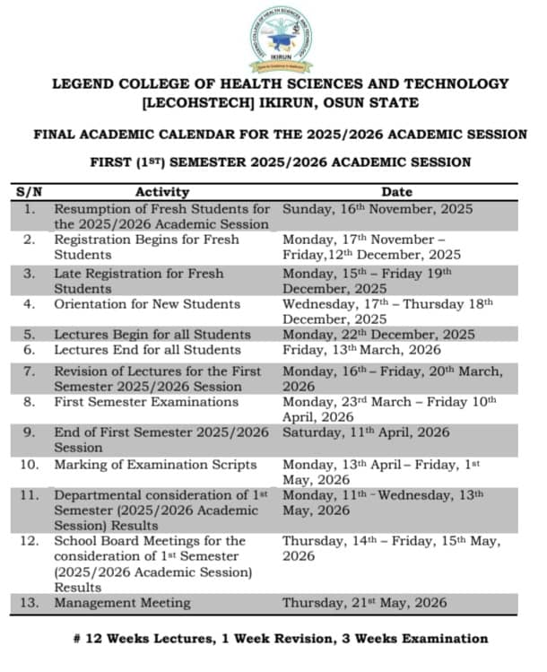 First Semester Calendar